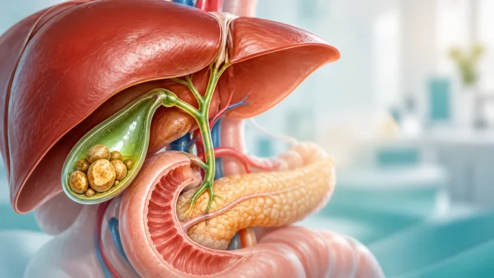 Medical illustration of gallstones inside the gallbladder beneath the liver