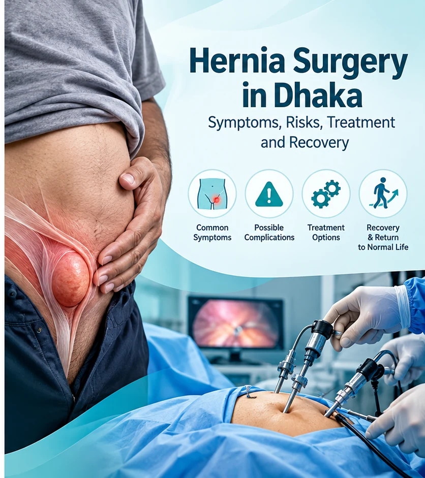 Medical education illustration of abdominal hernia and laparoscopic hernia repair